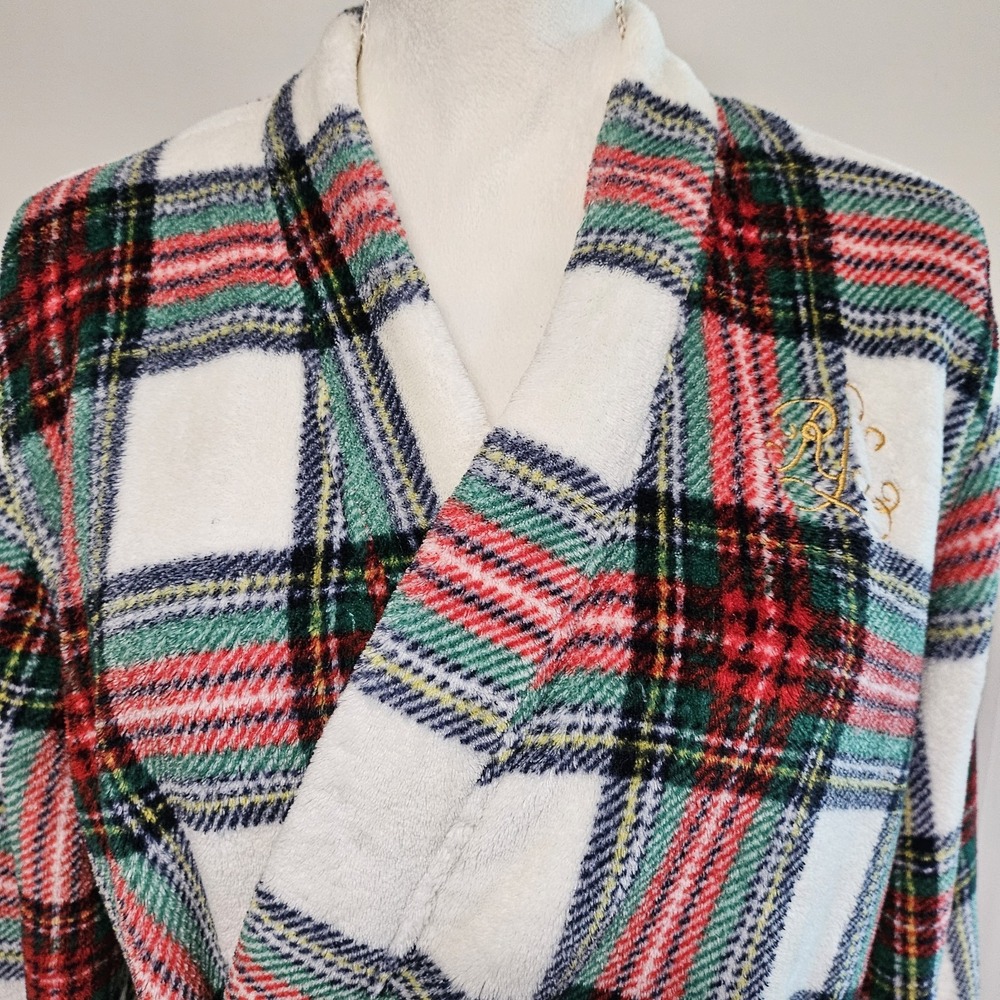 Lauren Ralph Lauren Women's Shawl Collar Robe In Ivory Plaid Size M - Picture 4 of 7
